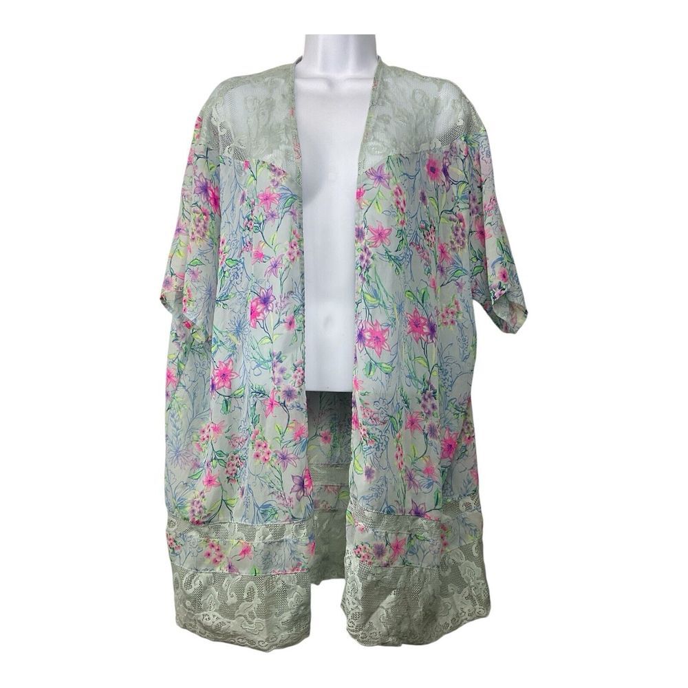Womens Floral Lace Sheer Kimono Size L Cottagecore Fairy Feminine Princess Flowy